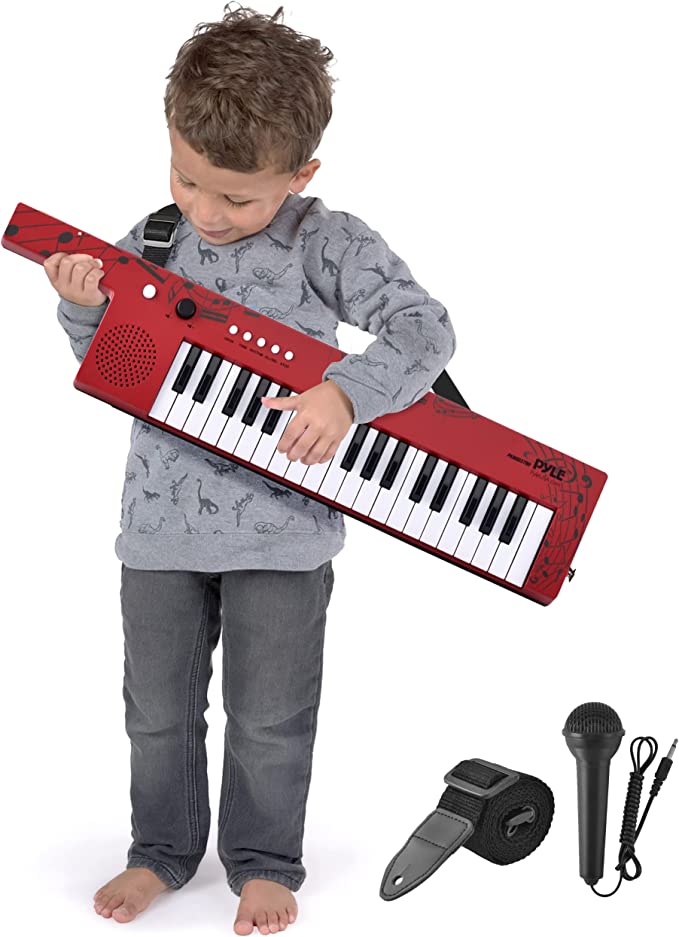 Pyle Digital Musical Keyboard 37 Keys, Electronic Karaoke Keytar with Wired Microphone, 4 Preset Selectable Tones, 4 Audio Rhythms, AUX Input, Rechargeable, Fun for Kids and All Ages (PKBRD87RD)