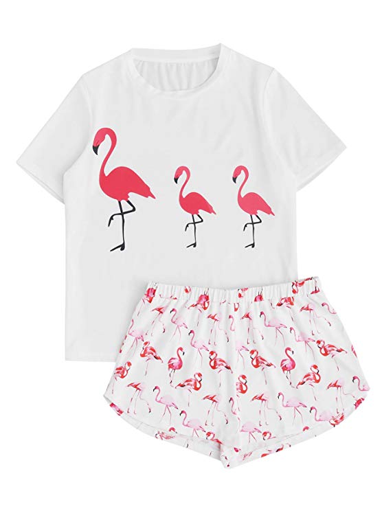 DIDK Women's Cute Cartoon Print Tee and Shorts Pajama Set