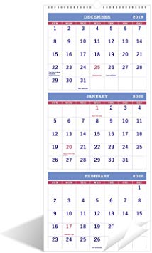 2020 Calendar - 3-Month Display, 11" x 26", Vertical Calendar with Thick Paper, Perfect for Organizing & Planning, December 2019 - January 2021, Large Daily Blocks & Larger Numbers, Wirebound