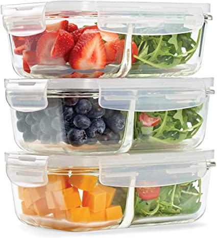 Fit & Fresh Divided Glass Containers, 3-Pack, Two Compartments, Set of 3 Containers with Locking Lids, Glass Storage, Meal Prep Containers with Airtight Seal