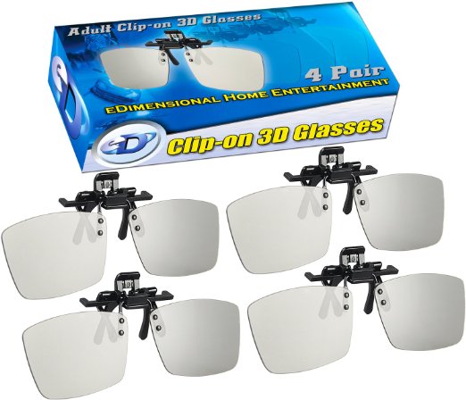ED CINEMA Clip-On 3D GLASSES 4 PACK For LG 3D TVs - Adult Sized Passive Circular Polarized 3D Glasses