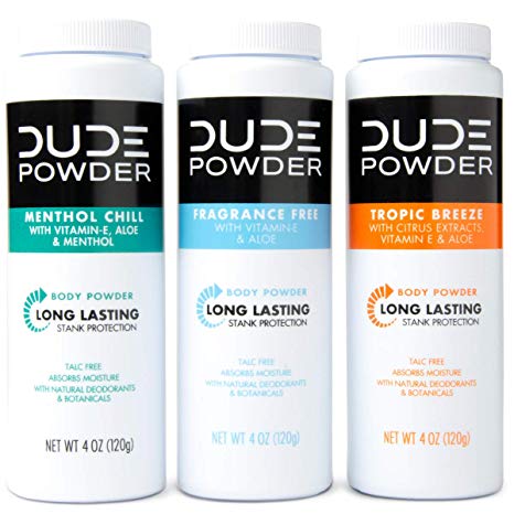 DUDE Body Powder Variety Pack, Tropic Breeze, Menthol Chill & Fragrance Free 4 Ounce (3 Bottle Pack) Natural Deodorizers, Talc Free, Corn-Starch Based Daily Post-Shower Deodorizing Powder for Men