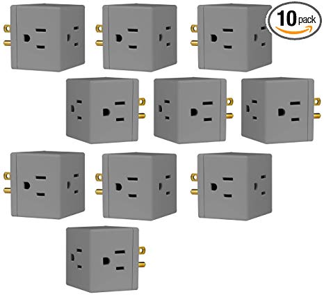 GE 3 Outlet Wall Tap, 10 Pack, Extra-Wide Adapter Spaced, Grounded, Easy Access Design, Indoor, Gray, 47040