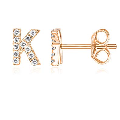 PAVOI 14K Rose Gold Plated Sterling Silver CZ Alphabet Letter Earrings | Initial Earrings for Girls