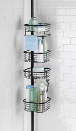 mDesign Constant Tension® Bathroom Shower Caddy for Shampoo, Conditioner, Soap, Razor - Square, Matte Black