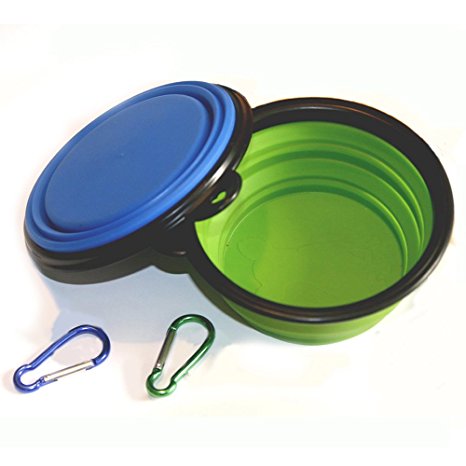 Comsun 2-Pack Collapsible Dog Bowl, Food Grade Silicone BPA Free, Foldable Expandable Cup Dish for Pet Cat Food Water Feeding Portable Travel Bowl Blue and Green Free Carabiner [Lifetime Warranty]