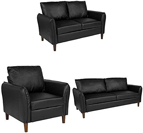 Flash Furniture Milton Park Upholstered Plush Pillow Back Chair, Loveseat and Sofa Set in Black Leather