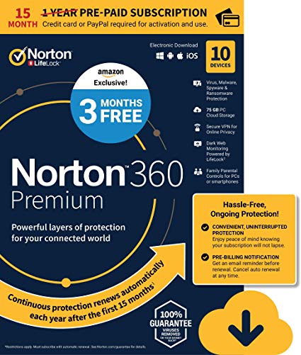 EXCLUSIVE Norton 360 Premium – Antivirus software for 10 Devices with Auto Renewal - 15 Month Subscription - 3 Months FREE - Includes VPN, PC Cloud Backup & Dark Web Monitoring powered by LifeLock - 2020 Ready [Download]