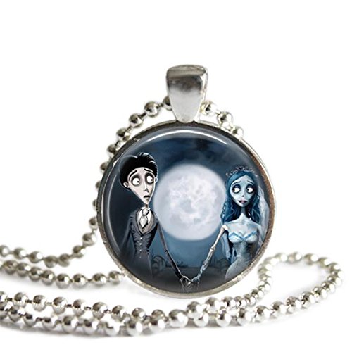 The Corpse Bride Emily and Victor Necklace 1 inch (25 mm) Round Antique Silver Pendant on a 24 inch (60 cm) Ball Chain Necklace