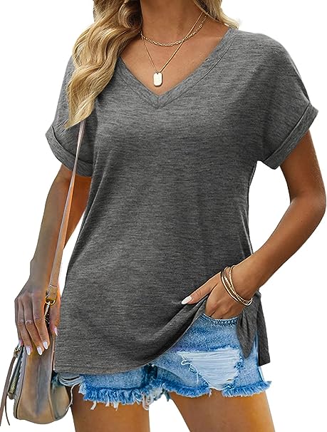 Aokosor Womens Rolled Short Sleeve V Neck Loose Fit T Shirts Tops Side Split