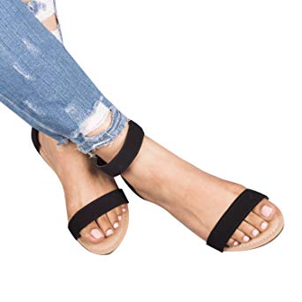 LAICIGO Womens Ankle Scalloped Strap Flat Sandals Open Toe Faux Suede Back Zipper Low Heel Summer Dress Casual Shoes