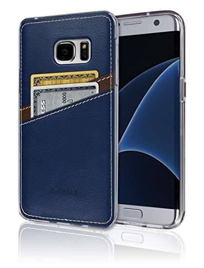 S7Edge Case [Leather Back Cover] [Wallet Case] [2 Card Holder] S7 Edge Soft Slim Fit Hybrid Polyurethane TPU Flexible Bumper Slot Lightweight Shock Absorbing Protection Samsung Galaxy S 7 Edge (Navy)