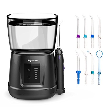 Aquapro 1000ml Portable Water Flosser | Auto-memory Massage and Floss 2 Modes | LED Display Professional Dental Oral Irrigator with 1 Case & 8 Jet Tips
