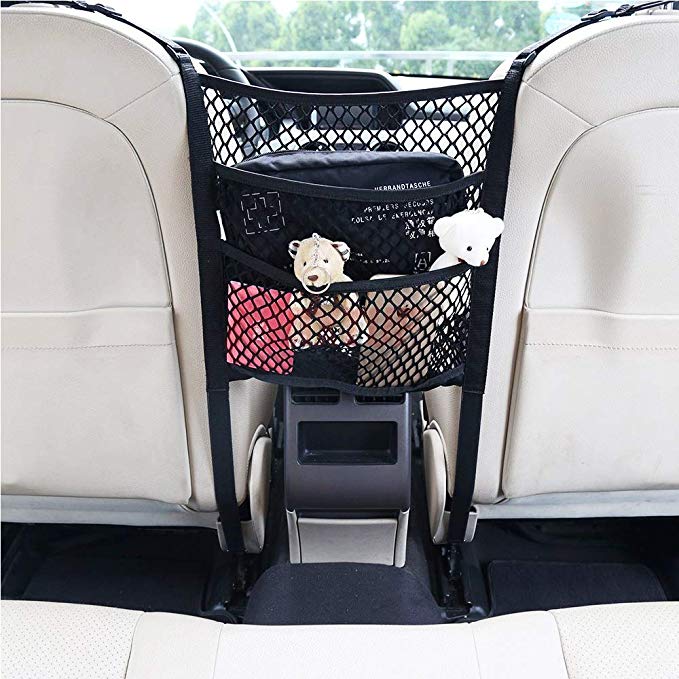 MAXTUF Car Mesh Organizer, 3-Layer Backseat Net Kids Pet Barrier Flexible Nylon Storage Bag for Purse, Phone, Water Bottle with 4 Hooks to Fix On (9.8 x 11.8 in)