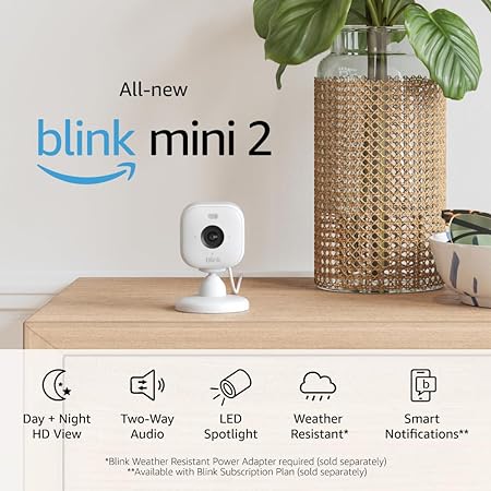 All-new Blink Mini 2 — Plug-in smart security camera, HD night view in color, built-in spotlight, two-way audio, motion detection, Works with Alexa (White)