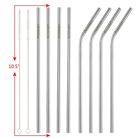 Aoocan 18/8 Stainless Steel Straws, Reusable 10.5 inch Extra Long Drinking Straw Set (4 Straight and 4 Bend) - 8 Straws for 20 & 30 OZ Yeti Tumbler Rtic Ozark Trail Rambler Cups