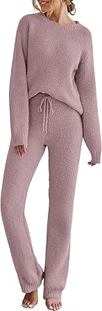 MEROKEETY Womens Fuzzy Fleece Long Sleeve 2 Piece Loungewear Outfits Sweater Pants Pajama Sets