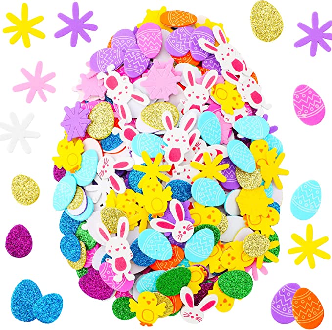 Zonon 500 Pieces Easter Eggs Stickers, Glitter Foam Stickers for Boys Girls, Self-Adhesive Easter Eggs Bunnies Chicks Flower Shaped Foam for Easter Day Party Crafts Arts Party Supplies Decorations