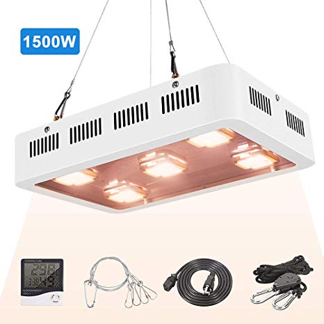 X5 1500W COB LED Grow Light UV Full Spectrum X5 COB LED Plant Light with On/Off Switch with Temperature and Humidity Monitor, Hanging Hook Kit, Adjustable Rope, White