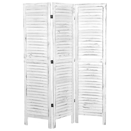 MyGift Whitewashed Wood 3 Panel Screen, Folding Louvered Room Divider