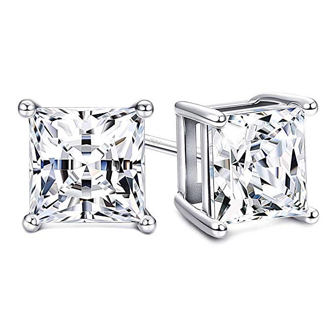 Sllaiss Set with Swarovski Zirconia Stud Earrings for Women Made of Sterling Silver 4-Prongs Princess-Cut CZ 2.00cttw Hypoallergenic