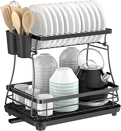 G-TING Dish Drying Rack, 2 Tier Detachable Dish Rack for Kitchen Counter, Large Capacity Dish Rack and Drainboard Set, Rust-Proof Dish Drainer with Drainage and Utensil Holder, Black