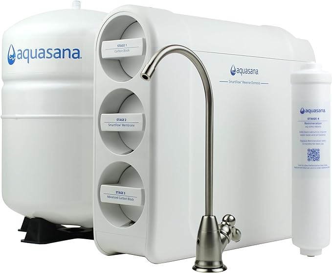 Aquasana SmartFlow™ Reverse Osmosis Water Filter System - High-Efficiency Under Sink RO Removes up to 99.99% of 90 Contaminants, Including Fluoride, Arsenic, Chlorine, and Lead - Brushed Nickel Faucet