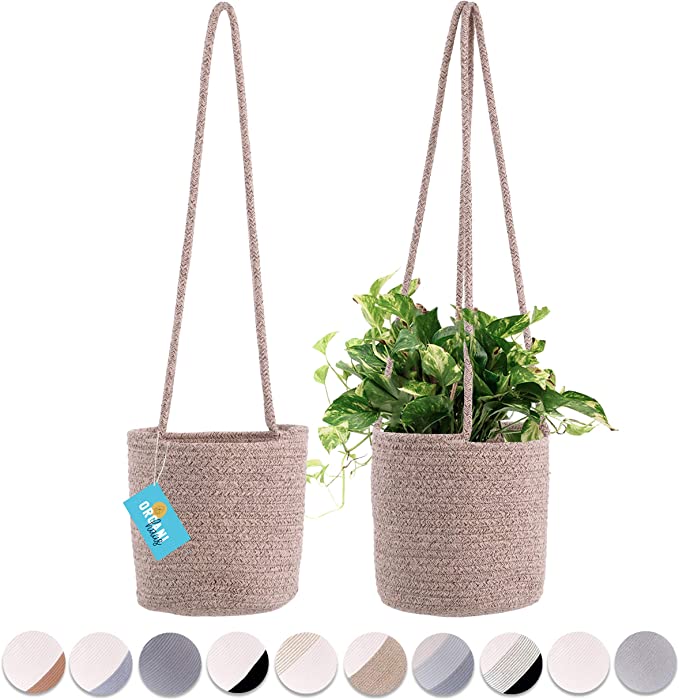 Set of 2 Hanging Rope Planter Baskets 8"x8" with Long Hanging Rope. Natural Cotton Hand Woven Plant Holder Available in 12 Different Styles & Popular Colors. Eco-Friendly Decorative Basket