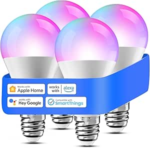 meross Ampoule LED Connectée, Lot de 4 Ampoule E27 WiFi Compatible avec Apple Home, Alexa et Google Home, RGBWW Ampoule Intelligente Multicouleur Dimmable avec Commande Vocale et Contrôle à Distance