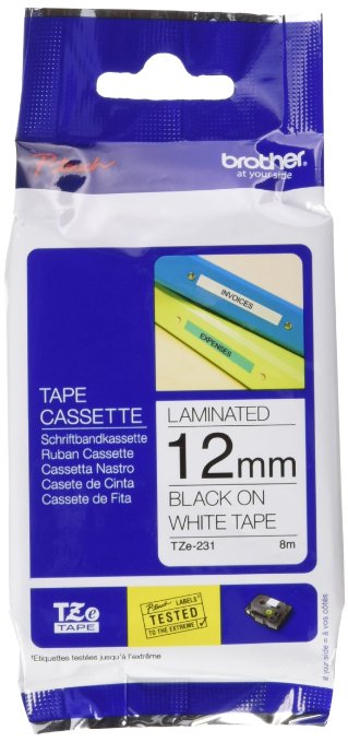 Brother P-touch ~1/2" (0.47") Black on White Standard Laminated Tape - 26.2 ft. (8m)