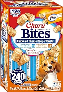 INABA Churu Bites Dog Treat, Grain-Free, Baked Chicken Filled with Churu, Chicken Recipe Wraps Chicken Recipe & Cheese Recipe 20 Pack Variety