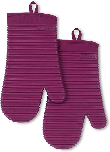 KitchenAid Ribbed Soft Silicone Oven Mitt 2-Pack Set, Beet, 7.5"x13"