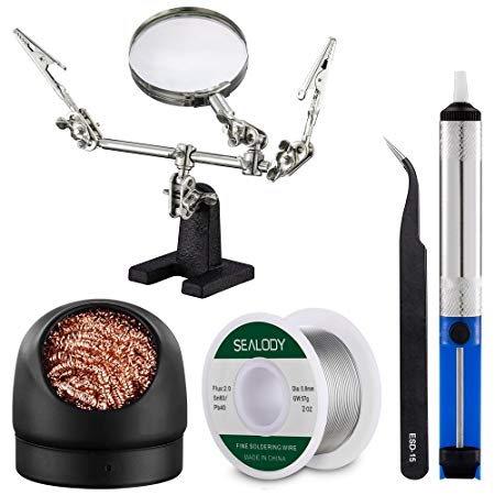 Tip Cleaner,Flexible Helping Hand Magnifier Glass Stand,Desoldering Pump, Solder Sucker, Solder Wire, Anti-Static Tweezer (blue)