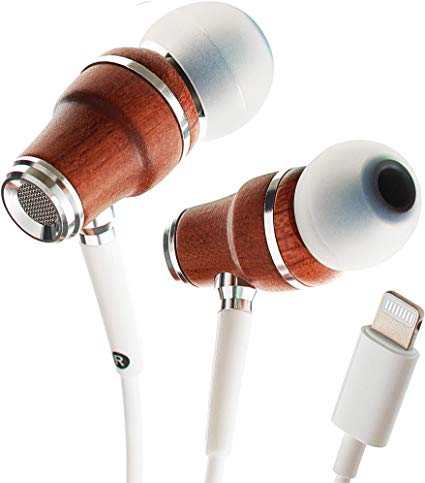Symphonized NRG MFI Earbuds, Certified Lightning Earbuds for iPhone/iPad/iPod, Premium Genuine Bubinga Wood in-Ear Noise Isolating Earphones, Stereo Wired Headphones (White)