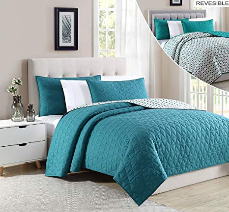 Bourina Reversible Bedspread Coverlet Set - Microfiber Lightweight Comforter 3-Piece Quilt Set (Green, King)