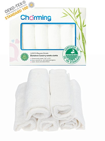 Charming Bamboo Baby Washcloths, White bath Towels | CERTIFIED BY OEKO-TEX | 6 Pack Super Delicate | Baby Registry | Flawlessly packaged | Baby Bathing | Facial washcloth 10"x 10"