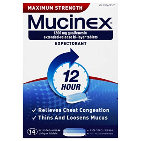 Chest Congestion, Mucinex Maximum Strength 12 Hour Extended Release Tablets, 14ct, 1200 mg Guaifenesin with extended relief of  chest congestion caused by excess mucus, thins and loosens mucus