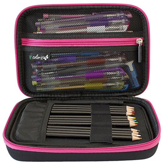 ColorIt Large Pencil Case 6"x9”x2.5” Perfect Storage for Colored Pencils, Gel Pens, Markers, Craft Supplies - EVA Carrying Case Only (PINK)