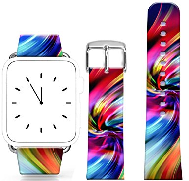 Iwatch Band Leather 38Mm Series 1 Series 2,Apple Watch Strap Genuine Leather Replacement 38Mm Colorful Swirling Rainbow Lines Curves (with metal clasp together)
