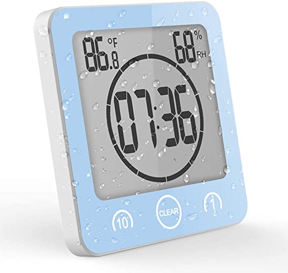 OCEST Digital Bathroom Shower Kitchen Clock Timer with Alarm Temperature Humidity Waterproof Touch Screen Timer Large Number Display with Suction Cup Hanging Wall Clock Shelf Clock- Blue