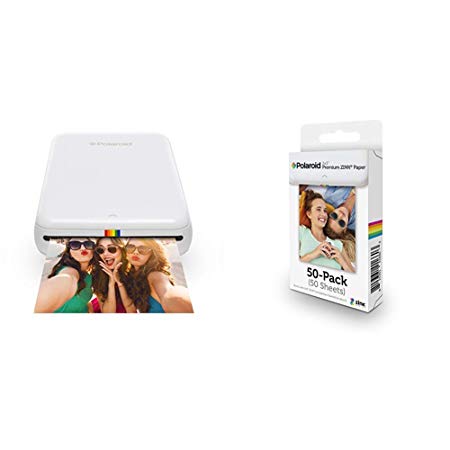 Polaroid ZIP Wireless Mobile Photo Mini Printer (White) with Polaroid 2x3ʺ Premium ZINK Zero Photo Paper 50-Pack