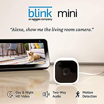 Certified Refurbished Blink Mini – Compact indoor plug-in smart security camera, 1080 HD video, night vision, motion detection, two-way audio, Works with Alexa – 2 cameras