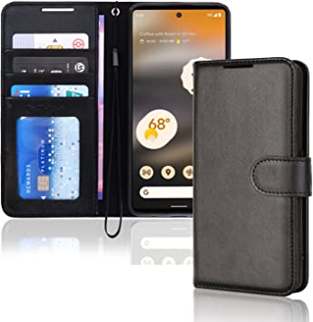 TECHGEAR Pixel 6a Leather Wallet Case, Flip Protective Case Cover with Wallet Card Holder, Stand and Wrist Strap - Black PU Leather with Magnetic Closure Designed For Google Pixel 6a