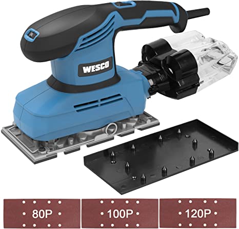 WESCO 240W 1/3 Sheet Sander with Aluminum Base, 11000RPM 7 Variable Speed Electric Orbital Sander, Fast Clamping System, Hook Punch, Dust Extraction and Collection/WS4168