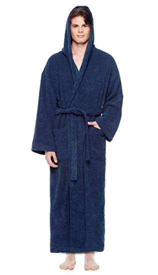 Arus Men's Hooded Classic Bathrobe Turkish Cotton Robe with Full Length Options