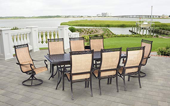 Hanover MANDN9PCSW-2-P Manor 9-Piece Rust-Free Aluminum Patio 6 PVC Sling Chairs, 2 Swivel Rockers and Alumin Outdoor Dining Set