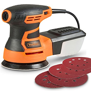 VonHaus Random Orbit Sander 350W - 6 Variable Speed with Soft Grip Handle, Orbital, Ergonomic Design & Dust Extraction System - 5x Sandpaper Pads - 200, 120 and 80 Grit Sanding Discs for Home DIY