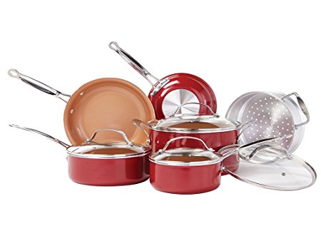 Red Copper 10pc Ceramic Cookware Set by Bulbhead Ceramic Copper Infused Nonstick Scratch And Heat Resistant From Stove To Oven Up To 500 Degrees Cookware Without PFOA And PTFEs