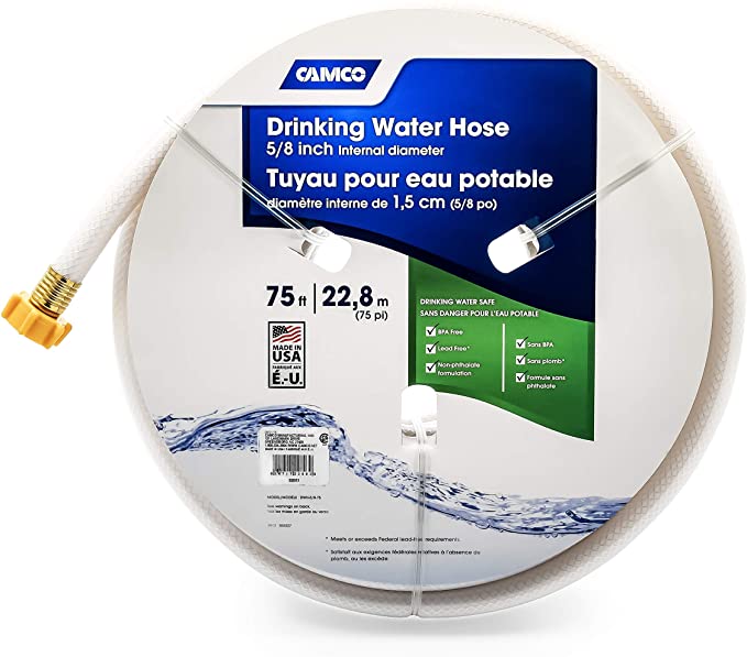 Camco TastePURE 75ft Drinking Water Hose - Lead and BPA Free - Reinforced for Maximum Kink Resistance - Features a 5/8" Inner Diameter (21008)