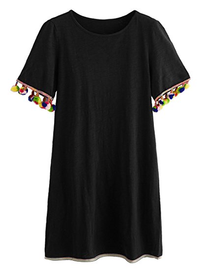 Romwe Women's Short Sleeve Summer Loose Tunic Casual Tassel Dress